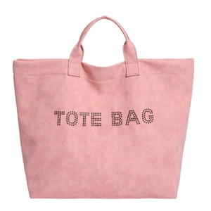 Pink suede-like tote bag with black beaded TOTE BAG lettering and sturdy top handles