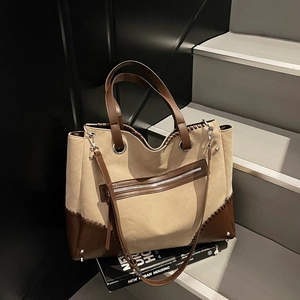 Large Capacity Tote Bag PU Leather Suede Texture Color Block Retro Commuting Handbag Shoulder Bag For Women