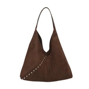 Vintage dark brown matte suede shoulder bag with triangular shape and silver rivets