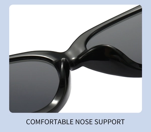 Detail of comfortable integrated nose support on black glossy cat eye sunglasses