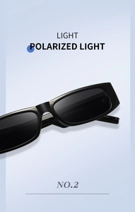 Macro view of polarized black rectangular sunglasses with 995 specification on temple