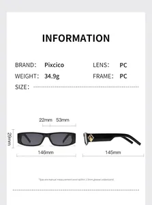Detailed size chart for retro narrow rectangular sunglasses with precise measurements