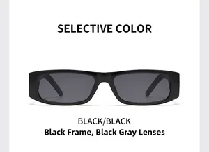 Detailed close-up of retro narrow rectangle sunglasses with thick black frames and dark grey lenses