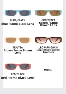 Collection of narrow rectangular sunglasses in blue, green, brown, leopard and red frames