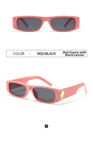 Detail of coral pink rectangle sunglasses with gold diamond metal accents on the temples