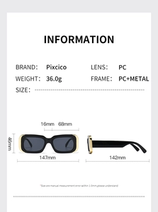 Tableau détaillé des tailles pour lunettes de soleil carrées noires avec métal