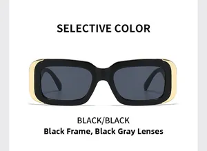 Gros plan sur des lunettes de soleil rectangulaires noires aux détails en métal doré