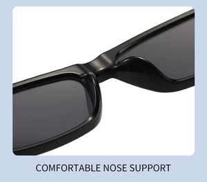 Detailed view of integrated thickened nose pads on black narrow square sunglasses