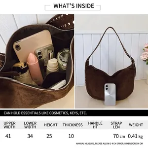 Suede-like brown oversized tote bag with rivet details and product dimension chart