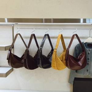 Retro hobo shoulder bag with rivets in five colors including dark brown and burgundy