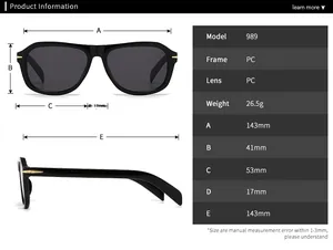 Especificaciones de tamaño para gafas de sol en PC con ancho de lente y largo de varilla