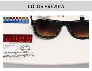 Detail view of large frame sunglasses showing UV protection testing on a white lab scale