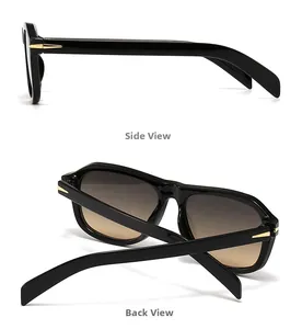Detalle de gafas de sol negras de montura completa con acentos metálicos de flecha dorada