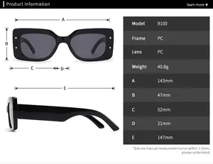 Detailed size chart for modern polygon sunglasses showing dimensions and PC frame specs
