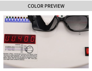 Detail showing UV400 protection testing on polygonal sunglasses with dark lenses