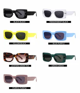 Detailed grid showing seven stylish rectangular sunglasses with star rivets in various colors