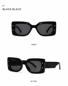 Front and side view of black square sunglasses with gold star accents on the frame