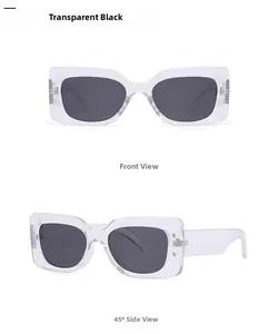 Detail view of transparent sunglasses featuring gold star rivets and dark grey lenses