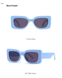 Front and 45-degree side views of blue purple square sunglasses with star studs