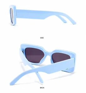 Detailed side and back view of light blue square thick frame sunglasses with dark lenses