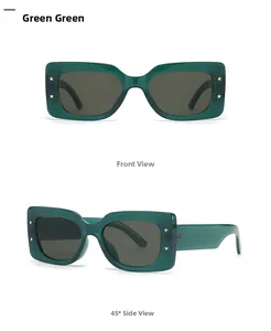 Front and side view of dark green rectangular sunglasses with gold star accents