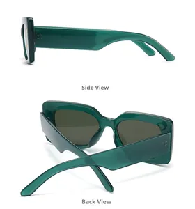 Detailed side and back views of dark green thick-frame modern retro sunglasses