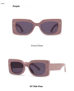 Front and 45-degree side views of purple rectangular sunglasses with gold star rivets
