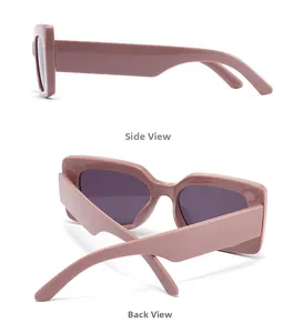 Detailed side and back views of pinkish purple rectangle sunglasses with thick temples