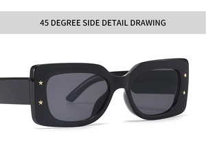 Detailed 45-degree side view of black square sunglasses with golden star accents