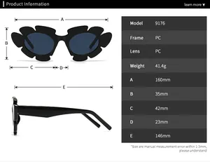 Detailed size specifications and dimensions for retro flower-shaped frame sunglasses