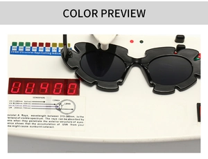 UV400 testing of square oversized sunglasses with irregular jagged frame and dark lenses