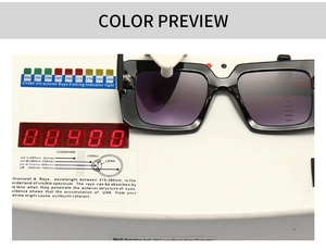 Detail of black thick frame square sunglasses undergoing UV400 protection functional test