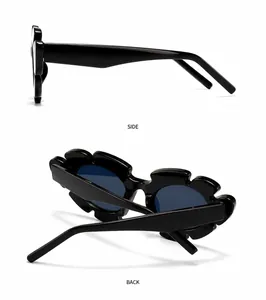 Side and back view of retro floral frame sunglasses with dark lenses and wavy edges