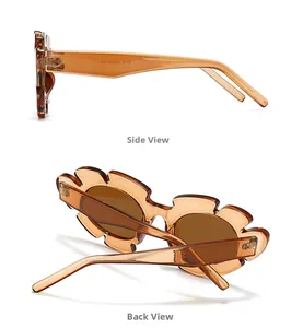 Detailed side and back view of retro square petal-shaped sunglasses for kids with metal hinges