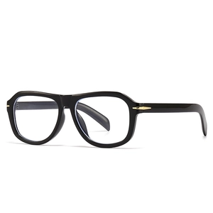 Retro oversized black square glasses frames with premium gold arrow detail and blue light lenses