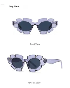 Front and side view of vintage oversized square sunglasses with purple floral frames