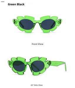 Front and 45 degree side view of green flower frame sunglasses with dark gray lenses