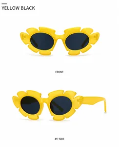 Detailed front and side views of avant-garde yellow floral frame sunglasses with dark lenses