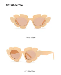 Macro detail of oversized square sunglasses with petal edges in rice white and tea lenses