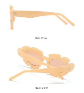 Side and back view of kids flower shaped sunglasses in light peach pink resin frames