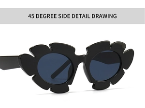 Side view detail of black floral wavy frame sunglasses with dark tinted lenses