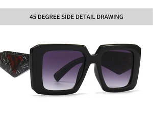 Detailed 45-degree side view of black square sunglasses with marble red triangle temple