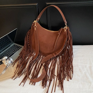 Bohemian Suede Fringe Hobo Bag Long Tassel Crossbody Purse Adjustable Strap Vintage Daily Commute Fashion For Women