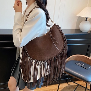 Bohemian dark brown suede crescent shoulder bag with long fringes and retro metal strap