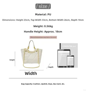 Detailed dimension chart showing size and capacity for the quilted PU leather tote bag