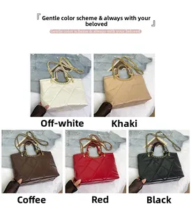 Close-up of quilted tote bags in five colors with metallic chain straps and textures