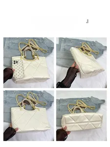 Multi-angle view of white quilted tote bag with gold chain and round handle detailing