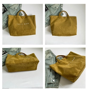 Multi-angle views of large mustard yellow suede tote bag with white printed lettering