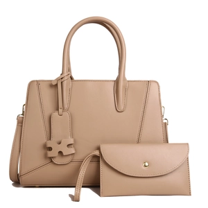 Beige faux leather tote bag set with H-shaped pendant and matching envelope clutch