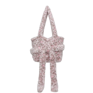 Chic pink and brown leopard print faux fur tote bag with decorative shoulder straps